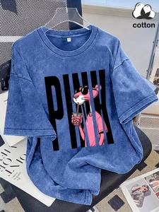 Camiseta de Algodón con Estampado de Pantera Rosa para Mujer, Cuello Redondo, Manga Corta, Corte Holgado, Diseño de Personajes, Estilo Casual de Verano - Product Image 5