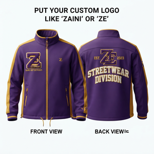 เสื้อแจ็คเก็ต ZAINI พรีเมียม 220 GSM ผ้าโพลีเอสเตอร์บอนด์ดิ้งแบบซอฟต์เชลล์ มีฮู้ด แถบสีม่วงทองที่แขนเสื้อ ซิปเต็มตัว คอตั้ง - Product Image 1