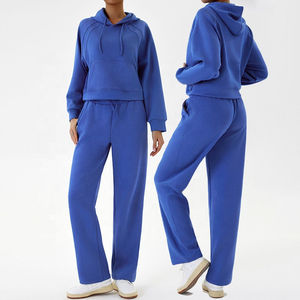 Heavyweight Women's Custom Embroidered Logo Oversized Fleece Hoodie Wide Leg Sweatpants <b>Set</b> Casual Solid Pattern Winter Cotton - Product Image 1