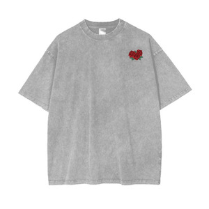 Unisex Gray Crew Neck T-Shirt Short Sleeve 100% Cotton Loose Fit Embroidered Red <b>Roses</b> Front Solid Color All Seasons - Product Image 1