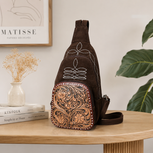 Handcrafted Western <b>Tooled</b> Leather Sling Chest Bag for Women Vintage Floral Crossbody <b>Backpack</b> Premium Suede Everyday Travel - Product Image 2