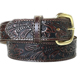 Latest Design Hand Carving Leaf Design Engraved Full Grain Brown Western <b>Leather</b> <b>Tooling</b> Belt for Unisex Gold Plated Pin Buckle - Product Image 1