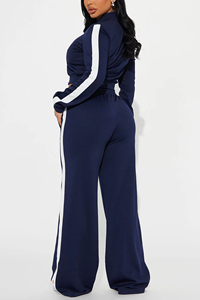 Ensemble de survêtement d'hiver pour femme, bleu marine imprimé, veste zippée à manches longues, pantalon large, sweat à capuche uni avec rayures blanches - Product Image 2