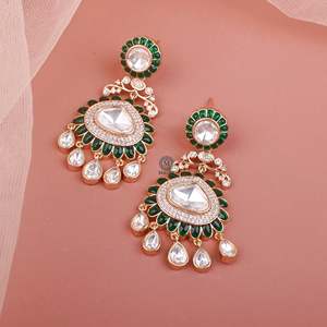 Vama Polki Designer 18K Gold Plated Flower Drop Earrings with Zircon and Pearl - Product Image 4