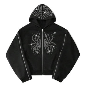 Sweat-shirt à capuche unisexe court en molleton de coton épais, imprimé graphique araignée avec strass, coupe oversize, écologique - Product Image 1