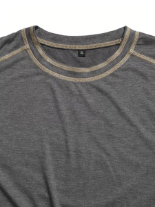 Camiseta de Hombre Gris de Manga Corta, Corte Ajustado, Cuello Redondo, Tejido de Punto, Color Sólido, Ribete en Contraste, Estilo Casual - Product Image 4
