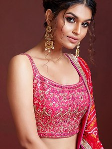 Pink Embroidered Cotton <b>Sequin</b> Lehenga Choli Dupatta Spaghetti Strap Backless <b>Crop</b> <b>Top</b> A-Line Floor-Length Bridesmaid Dress - Product Image 2