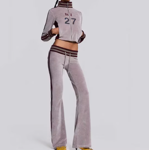 Custom Women's Crop <b>Tracksuit</b> Velvet <b>Velour</b> 2 Piece Zip Up Hoodie and Jogger Set Casual Sportswear Wholesale Manufacturer - Product Image 2