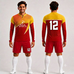 Conjunto de Uniforme de Fútbol Sublimado para Hombre Kale Sports, Mangas Largas, Cuello en V, Diseño Degradado Rojo y Amarillo, Ajuste Atlético que Absorbe la Humedad - Product Image 1