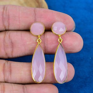 Natural Pink Chalcedony Pear Shape Gemstone <b>Stud</b> Earring 18k Gold Micron Over 925 Sterling <b>Silver</b> - Product Image 1