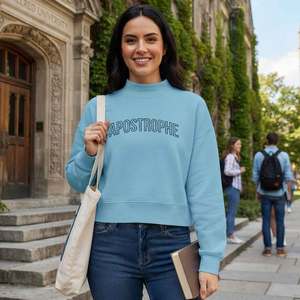 Sweat-shirt col rond bleu clair pour femme, coupe ample décontractée, 100 % coton, manches longues, qualité supérieure, col montant. - Product Image 1