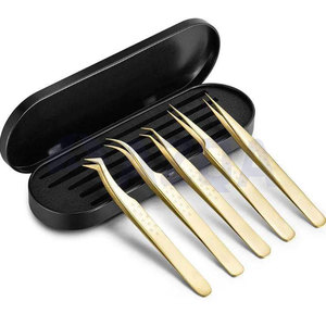 Ensemble de 5 pinces à cils en acier inoxydable plaqué or, pointes droites, courbées, en L et angulaires, durables, avec une prise parfaite pour - Product Image 6