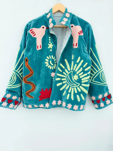 Chaqueta Bomber Reversible Bordada a Mano MONIT MARKETING, 100% Terciopelo, Forro de Lino con Patrón Floral Vintage, para Verano/Otoño/Primavera - Product Image 3