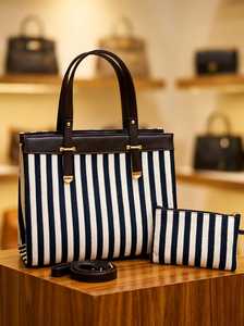 Nouvel ensemble de sacs fourre-tout en toile rayée tendance 2026 – Grand sac à bandoulière et pochette assortie avec sangle réglable et fermeture éclair pour femme - Product Image 3