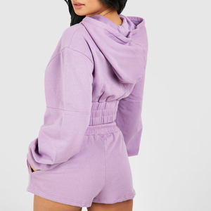 Ensemble de survêtement pour femme en coton, couleur unie, coupe ample décontractée, sweat-shirt court à capuche à manches longues avec cordon de serrage et poches, et short, pour le printemps - Product Image 2