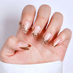 Uñas postizas cuadradas personalizadas OEM ODM de fábrica con diamantes de imitación, lujo, oro, cromo, punta francesa, a presión. - Product Image 1