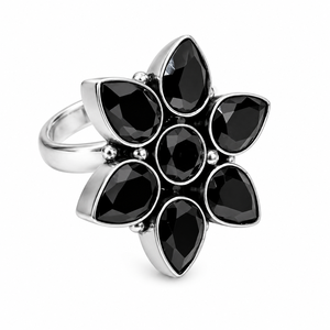 Anillos Clásicos de Piedras Preciosas con Forma de Flor y Racimo de Ónix Negro, Chapados en Plata 925 sobre Latón, Unisex, Regalo Glamuroso para Fiestas y Aniversarios - Product Image 1