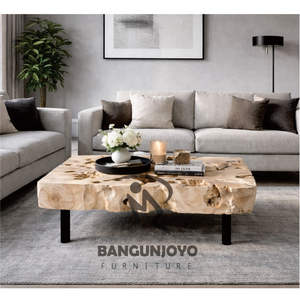 Mesa de Centro Moderna Minimalista Multifuncional Hecha a Mano con Madera Sólida y Patas de Metal, Acabado Natural para Sala de Estar - Product Image 3