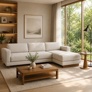 Juego de Sofás en Forma de L Aruna, Estilo Escandinavo Moderno, Estructura de Madera de Teca Sólida, Chaise Longue Espaciosa de Alta Calidad, Muebles para el Hogar de Tela - Product Image 3
