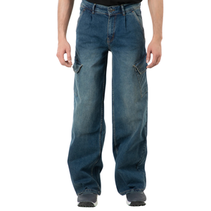 Pantalones Cargo de Mezclilla Tejida Azul Oscuro para Hombre, Corte Regular, Pierna Ancha, Multibolsillos, Casuales, Lavados, Largos, Utilitarios, para Invierno - Product Image 1