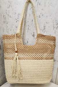 Sac à bandoulière en paille tressée tendance, grande capacité, fermeture éclair, pompon, doublure en polyester, pour la plage, les voyages et l'usage quotidien pour femmes - Product Image 1