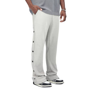 Pantalon de survêtement gris clair pour homme, taille élastique, boutons latéraux, décontracté, en coton tricoté mi-lourd et respirant, style automne - Product Image 1