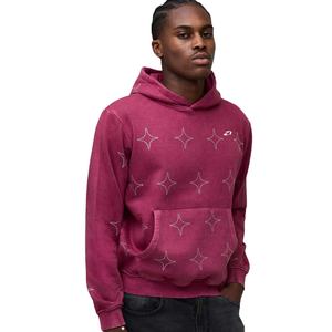 Sudadera con capucha de algodón grueso con estampado de estrellas de pedrería, negra vintage lavada, estilo streetwear oversize, producción a granel - Product Image 4