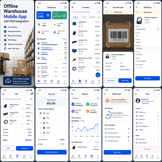 Offline Warehouse Management Mobile App POS Integration Real Time Inventory Barcode Scanning Multi Platform Linux Mac Stock
