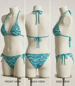 Conjunto de Bikini Halter para Mujer con Estampado de Olas, Parte Inferior con Lazos Laterales, Poliéster de Secado Rápido, Cordón Ajustable, Corte Regular, Estampado Digital Elástico - Product Image 1