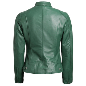 Women's Genuine Leather Moto <b>Jacket</b> Stand Collar Full Sleeve Zipper Closure Autumn Solid Color <b>Biker</b> <b>Jacket</b> - Product Image 2