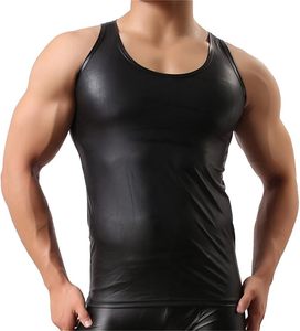 Chaleco de cuero sintético para hombre, camiseta sin mangas de PVC brillante, chaleco elástico ajustado, disfraces para discoteca, camisetas sin mangas con capucha y cremallera - Product Image 1