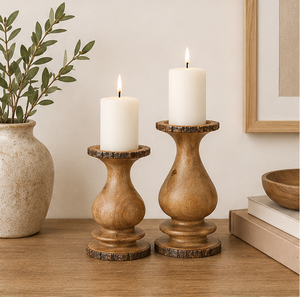Handcrafted Rustic Mango Wood Pillar Candle Holder Set With Natural Bark Edge Vintage Farmhouse Table Centerpiece For Home Decor - Product Image 4