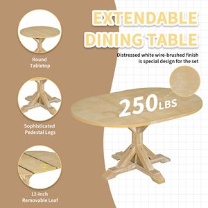 Farmhouse 60inch Extendable Pedestal Dining <b>Table</b> <b>Set</b> 6-Piece Including 18inch Removable Leaf 44inch <b>Bench</b> 4 Ladder Back Dining - Product Image 3