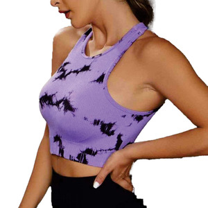 women's shirt Lavender Black Abstract Print Ribbed Racerback Crop Tank <b>Top</b> Seamless Sleeveless Yoga Vest for Boutique Fitness - Product Image 6