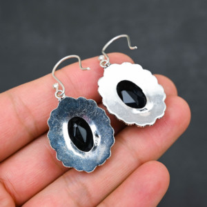 Boucles d'oreilles personnalisées en onyx noir créé en laboratoire, argent sterling 925, 1,9 pouce, bijoux en pierres précieuses faits à la main, boucles d'oreilles fines antiques, cadeau pour femme - Product Image 3