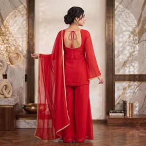 Plain Georgette <b>Top</b> Palazzo Set With Gold Lace Dupatta Full Stitched Wholesale Manufacturer - Product Image 5