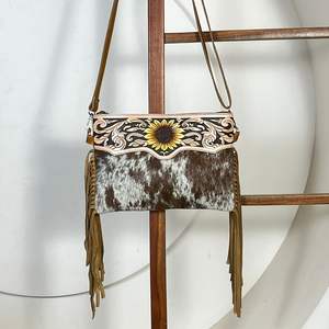 Best-Selling High Quality Sunflower Design Tooled Leather Boho Fringe Bags Low Price Cowhide Leather Crossbody Handbag For Women - Product Image 4