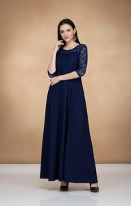 Robe longue en tissu Georgette bleu foncé de qualité supérieure pour femmes, col rond, manches 3/4, qualité export en gros - Product Image 6