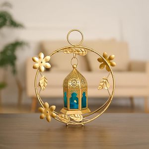 Lanterne Couronne Métallique Dorée avec Porte-Bougie en Verre Bleu pour Bougie Chauffe-Plat – Décoration Maison Durable et Résistante à la Chaleur – Lumière Festive de Pâques - Product Image 5