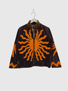 Veste en velours à col mandarin brodée à la main avec motif soleil, manches longues, fermeture éclair, pour adulte, collection automne, motif géométrique - Product Image 2