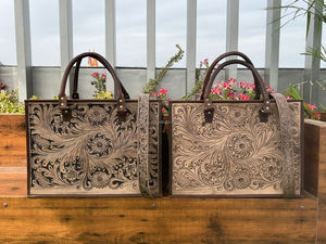 Large Western Concealed Carry Tooled Leather Briefcase <b>Laptop</b> Shoulder <b>Handbag</b> Brown Hand Tooled Tote Bag Genuine Leather Purse - Product Image 4