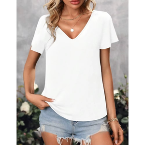 Camiseta de Verano para Mujer, Casual, Cuello en V, Holgada, Manga Corta, Poliéster, Color Liso, Venta al Por Mayor - Product Image 3