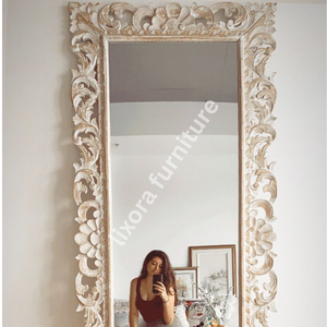 Ornate Shabby Chic Wooden <b>Wall</b> <b>Mirror</b> <b>Rectangular</b> Handmade Decorative Frame Floral Scroll Carving Home Use - Product Image 2