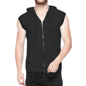 Sweat à capuche zippé sans manches en molleton épais 100 % coton bleu marine de haute qualité pour homme, idéal pour l'hiver, la gym et le sport, brodé et teint uni - Product Image 4