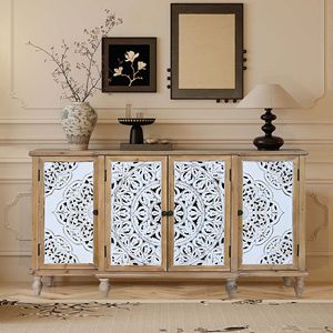 Mobiletto a 4 ante con finitura effetto legno anticato, ripiani regolabili e design intagliato a giorno unico, ideale per cucina o soggiorno - Product Image 3