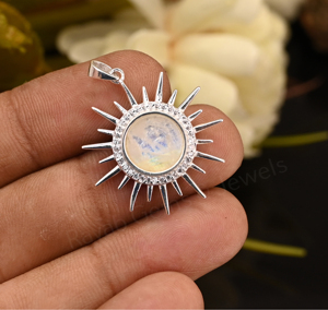 <b>Solid</b> 925 <b>Silver</b> Moonstone Gemstone Bezel Setting 10mm Round Sunburst Style Charm Pendant With Pave CZ For Unisex Find Jewelry - Product Image 2