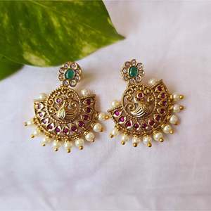 Vintage Peacock Chandbali Stud Earrings with Pearl Diamond Quartz & Zircon - Product Image 4
