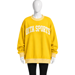 Mens Golden Yellow Loose Fit Crewneck Sweatshirt With <b>Checkered</b> Collar And Cuffs Long Sleeve Graphic Pullover Casual Fashion <b>Top</b> - Product Image 1