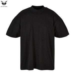 T-shirts à col montant doux au toucher, style décontracté noir uni, avec logo personnalisé, tissu lavé de qualité supérieure, poids 200 grammes - Product Image 4