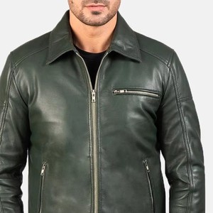 Chaqueta de moto de cuero con estampado de cocodrilo verde para hombre, corte regular, cierre de cremallera, cuello vuelto, color sólido, para otoño - Product Image 3